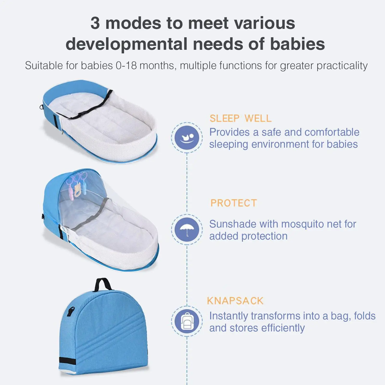Cama de viaje infantil plegable con parasol, ligera y portátil - imagen 3