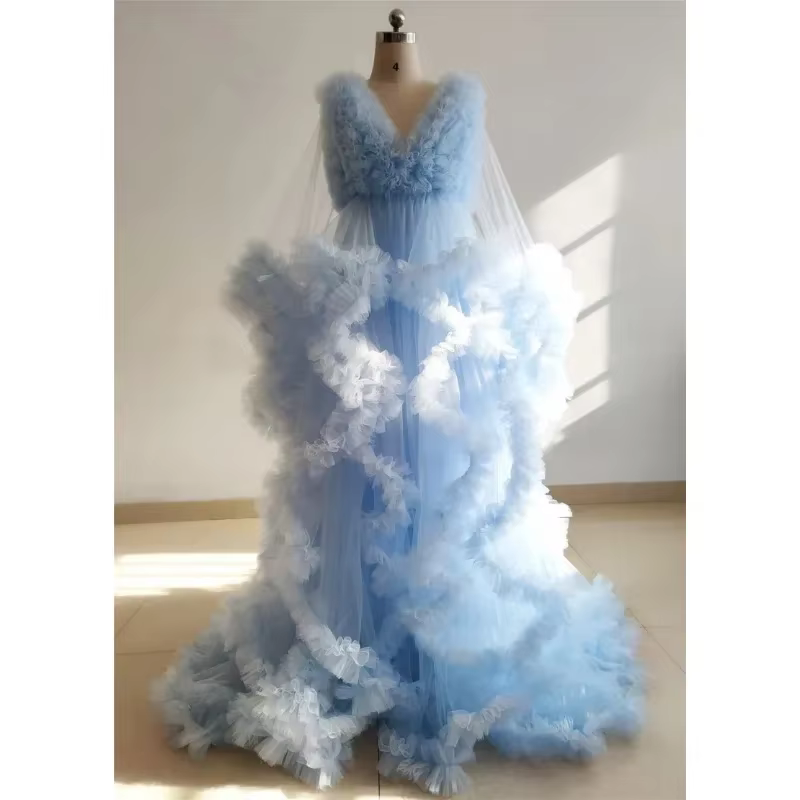 Vestido premamá de tul lavanda con volantes y manga larga - imagen 2