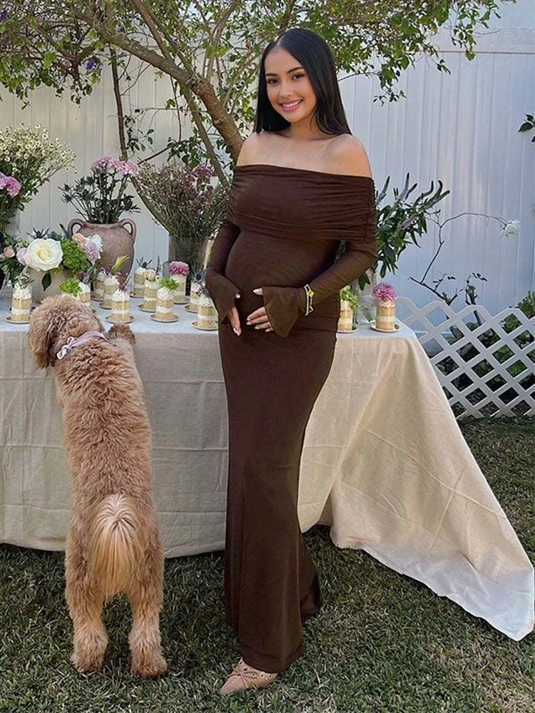 Vestido premamá largo para baby shower con hombros descubiertos - imagen 3