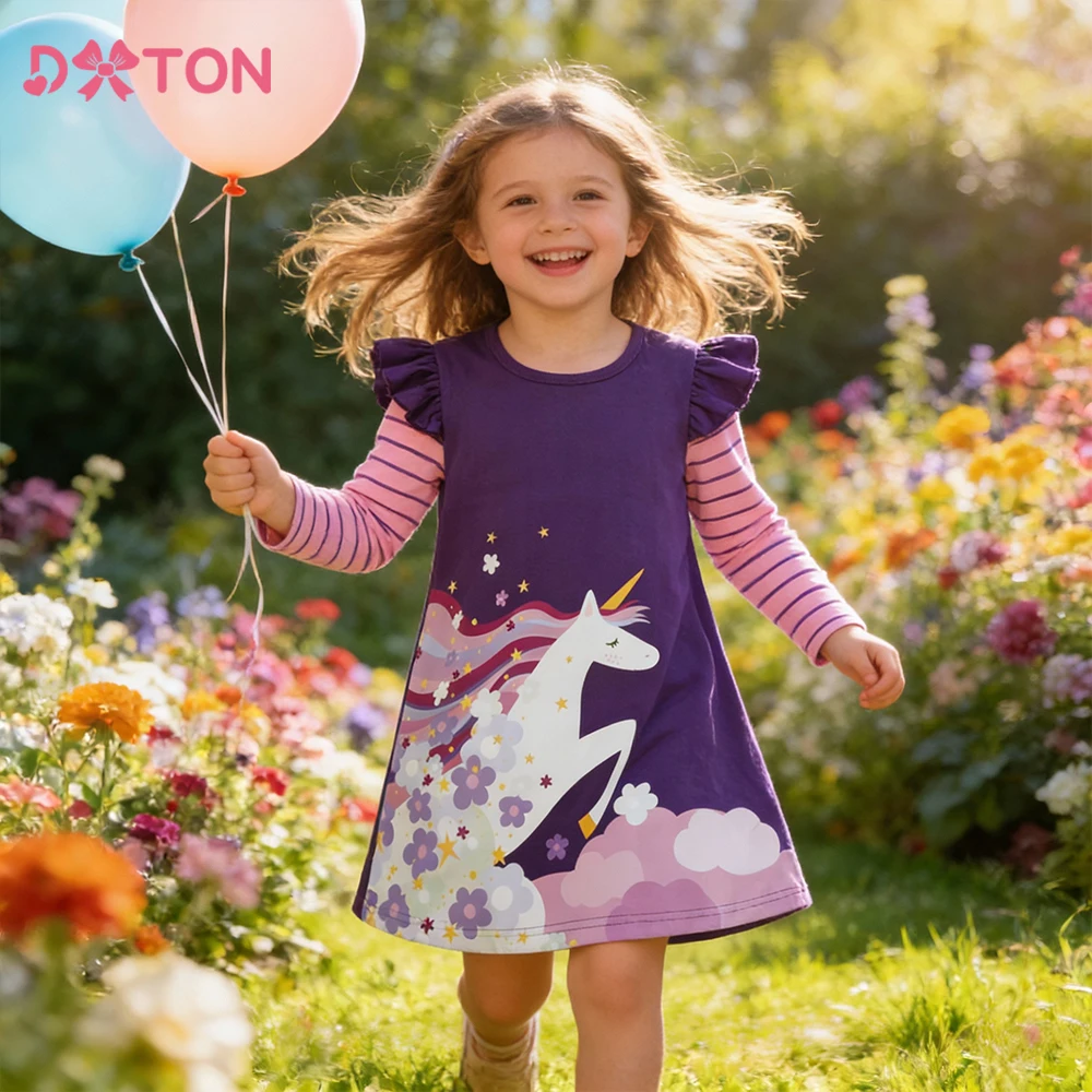 DXTON vestido de niña floral algodón con mangas voladoras a rayas - imagen 5