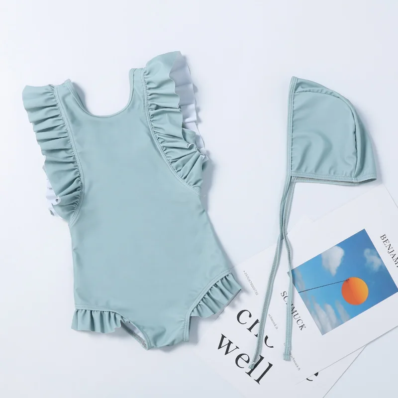 Traje de baño una pieza para niña con volantes y gorro - imagen 3