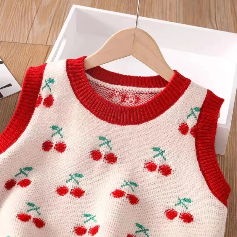 Chaleco de punto cereza para niña cuello V Primavera y otoño - imagen 2