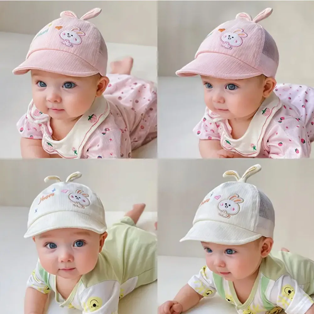 Gorra solar transpirable para bebés con orejitas de conejito bordadas - imagen 2