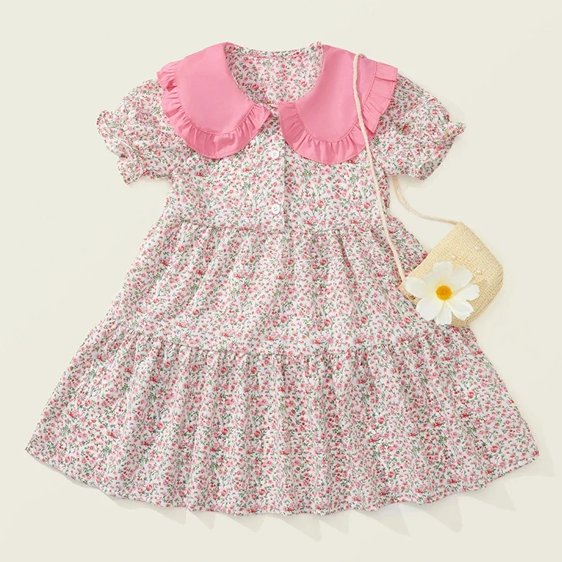 Vestido de verano para niña con cuello y estampado floral manga corta - imagen 2