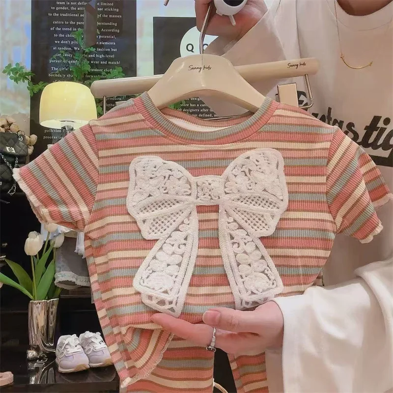 Conjunto de niña verano a rayas, camiseta lazo y pantalón - imagen 2