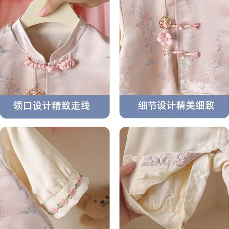 Mono recién nacido manga larga rosa con bordado floral estilo chino - imagen 2