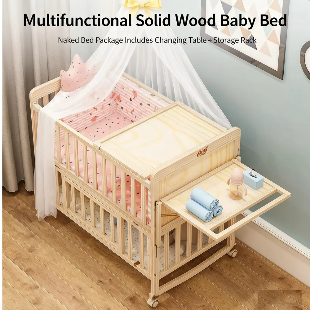 Cuna de madera natural en configuración inicial