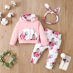 Conjunto floral bebé: top capucha, pantalón y diadema