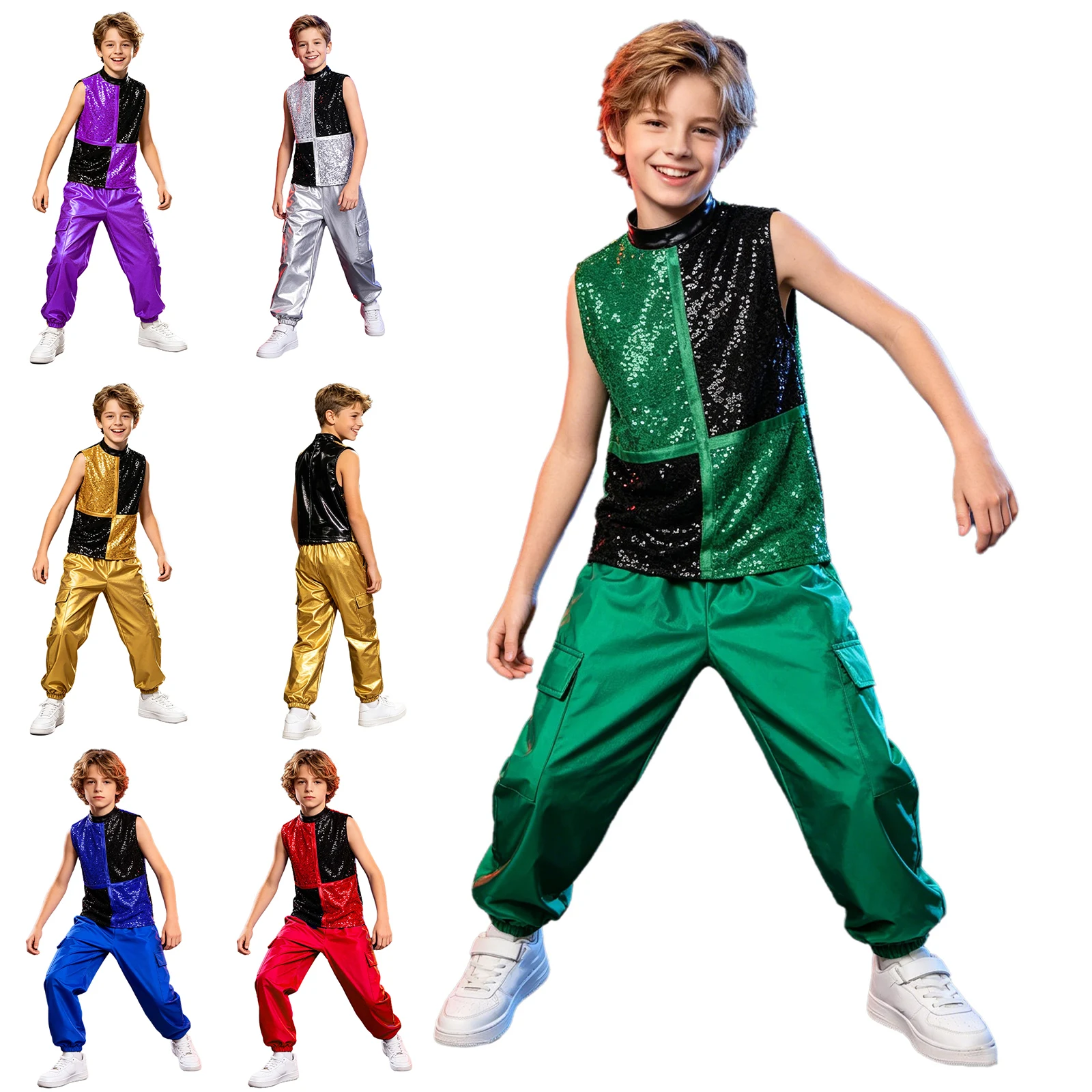 Traje de baile metálico para niños con lentejuelas y pantalón cargo - imagen 3