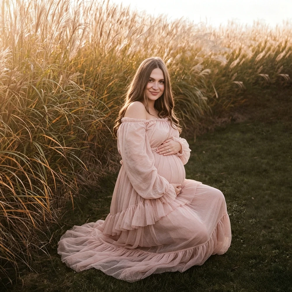 Vestido de maternidad con hombros descubiertos, fotos y volantes