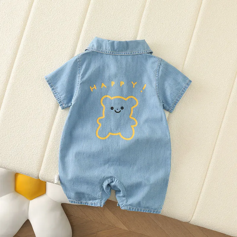 Mono corto verano para bebé en mezclilla con solapa oso estilo casual - imagen 5