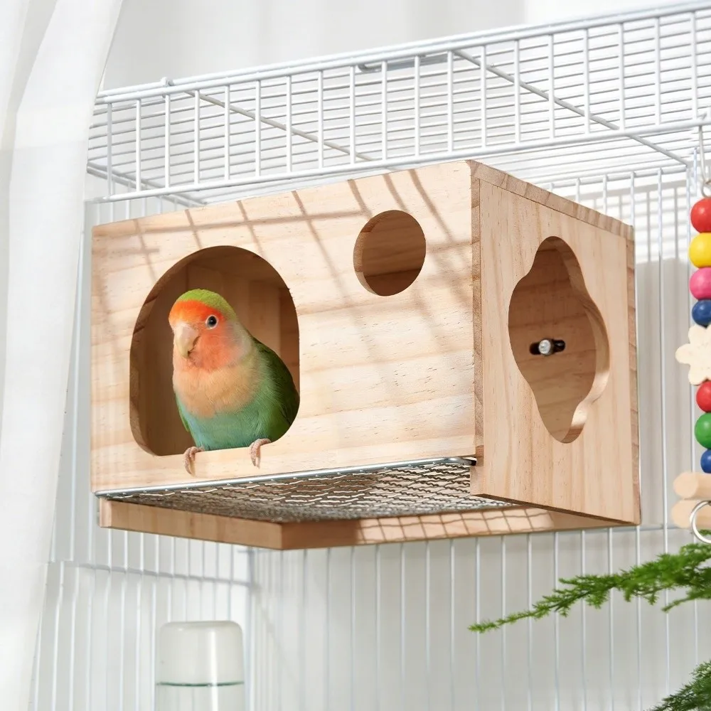 Caja de cría para loros en madera transpirable con fondo red y hamaca - imagen 2