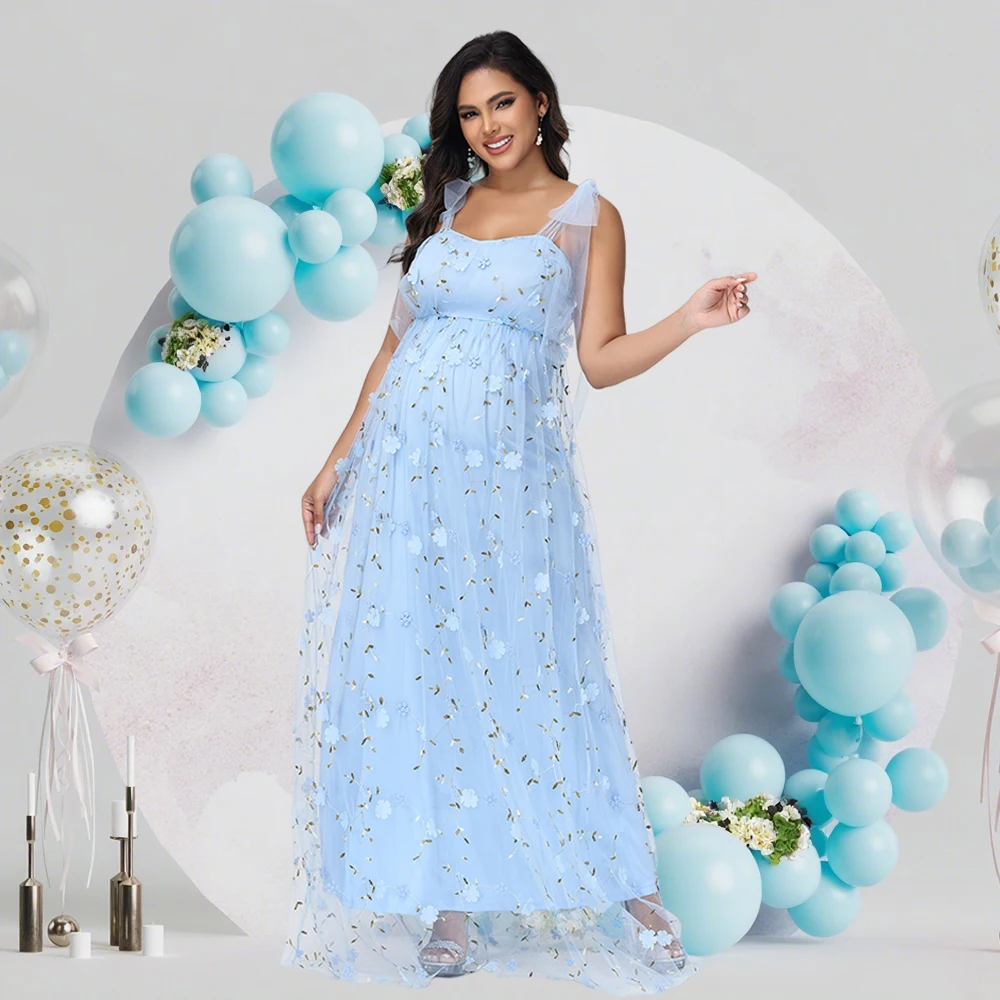 Vestido premamá largo de tul bordado floral con tirantes