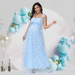 Vestido premamá largo de tul bordado floral con tirantes