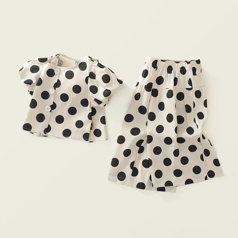 Conjunto verano niña de algodón con top manga corta y pantalón suelto