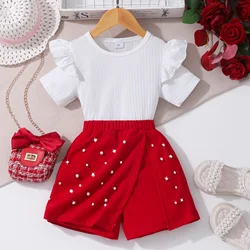 Conjunto de verano para niña con chaleco y pantalón corto rojo