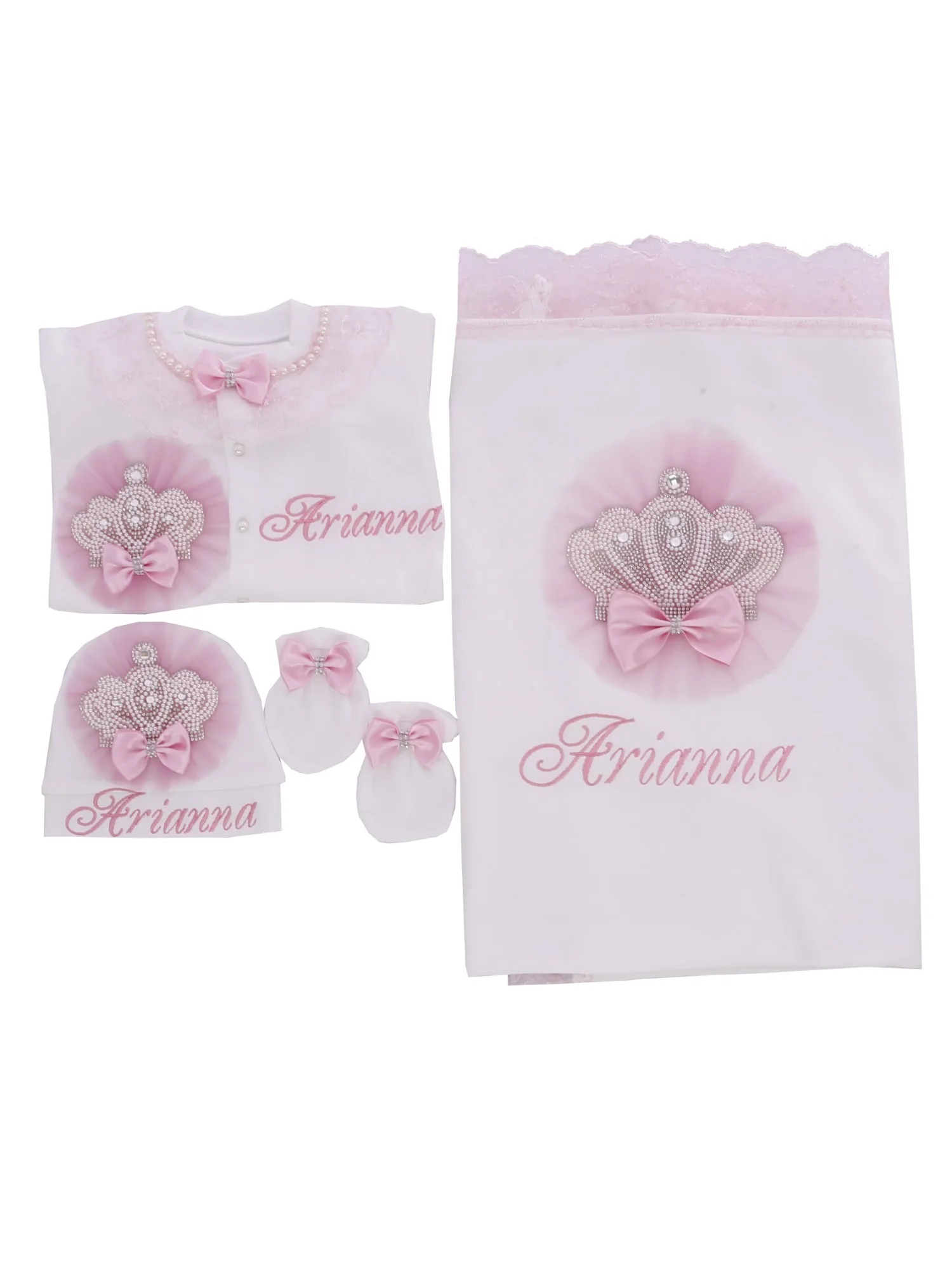 Conjunto de corona rosa bebé niña bordada con nombre para bautizo - imagen 5