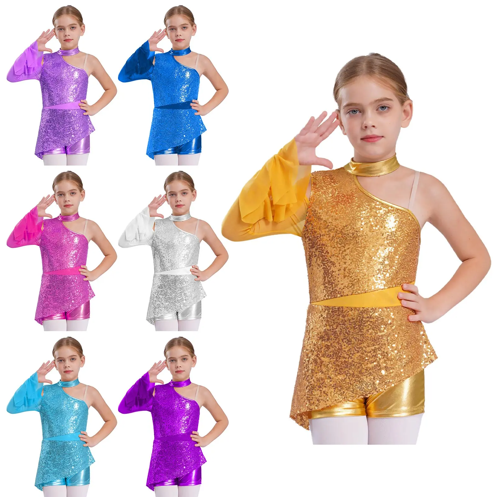 Body de baile jazz con lentejuelas para chicas – peplum con hombros - imagen 2