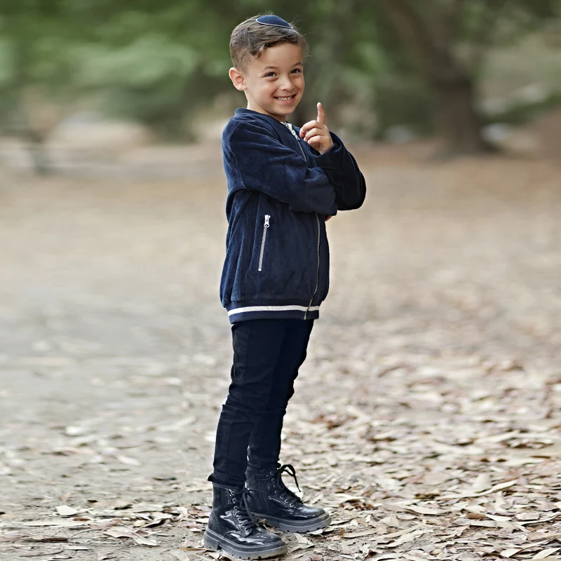 Sudadera de terciopelo azul con cremallera y bolsillos escolares - imagen 5