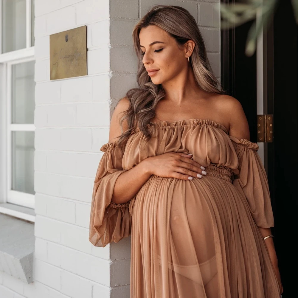 Vestido premamá de gasa bohemia marrón para sesiones fotográficas - imagen 2