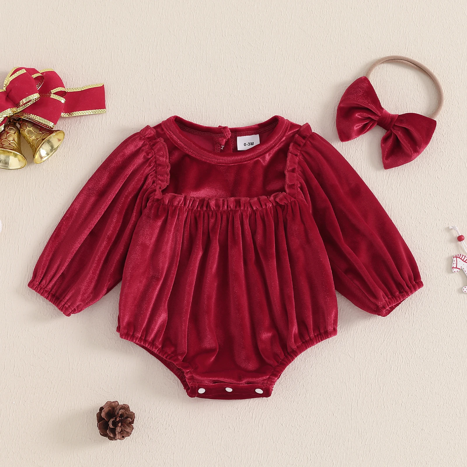 BeQeuewll Pelele de Navidad en terciopelo para niñas con diadema - imagen 2