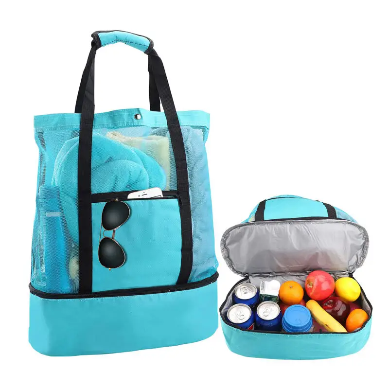 Bolso de playa de malla doble capa impermeable de gran capacidad