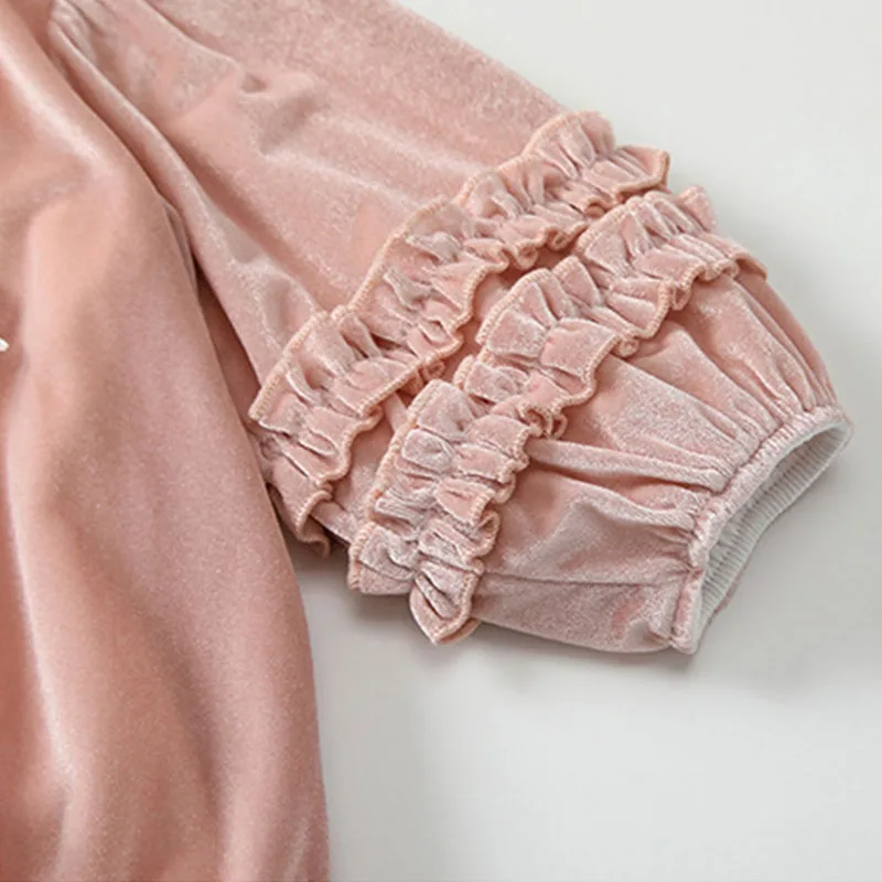 Mono rosa de terciopelo manga larga para niña con lazo y diadema - imagen 5