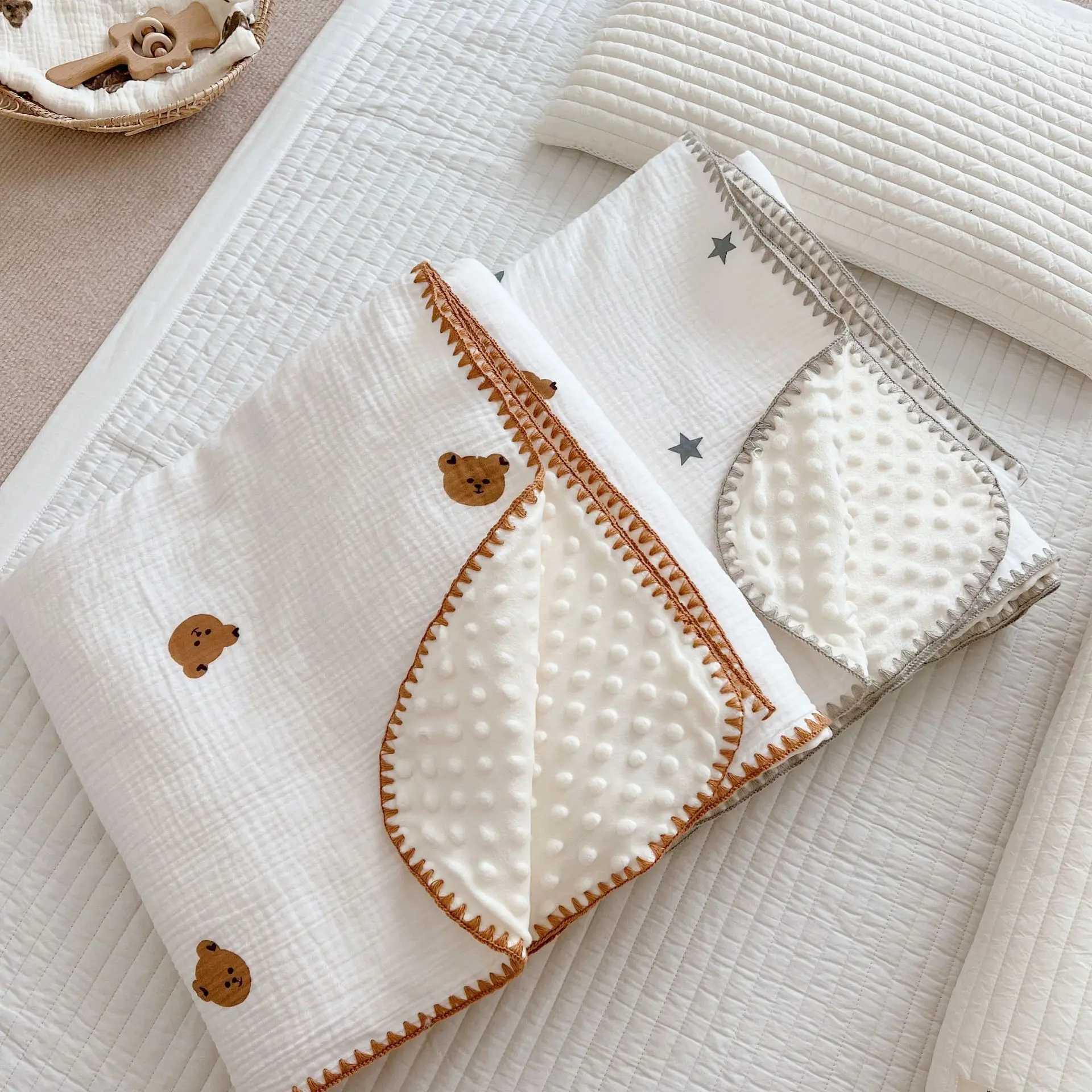 Manta Minky bebé reversible en muselina con estampado oso-luna - imagen 3