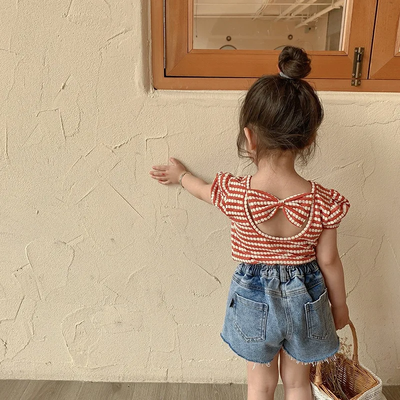 Camisa vintage de rayas para niñas con lazo y espalda descubierta - imagen 2