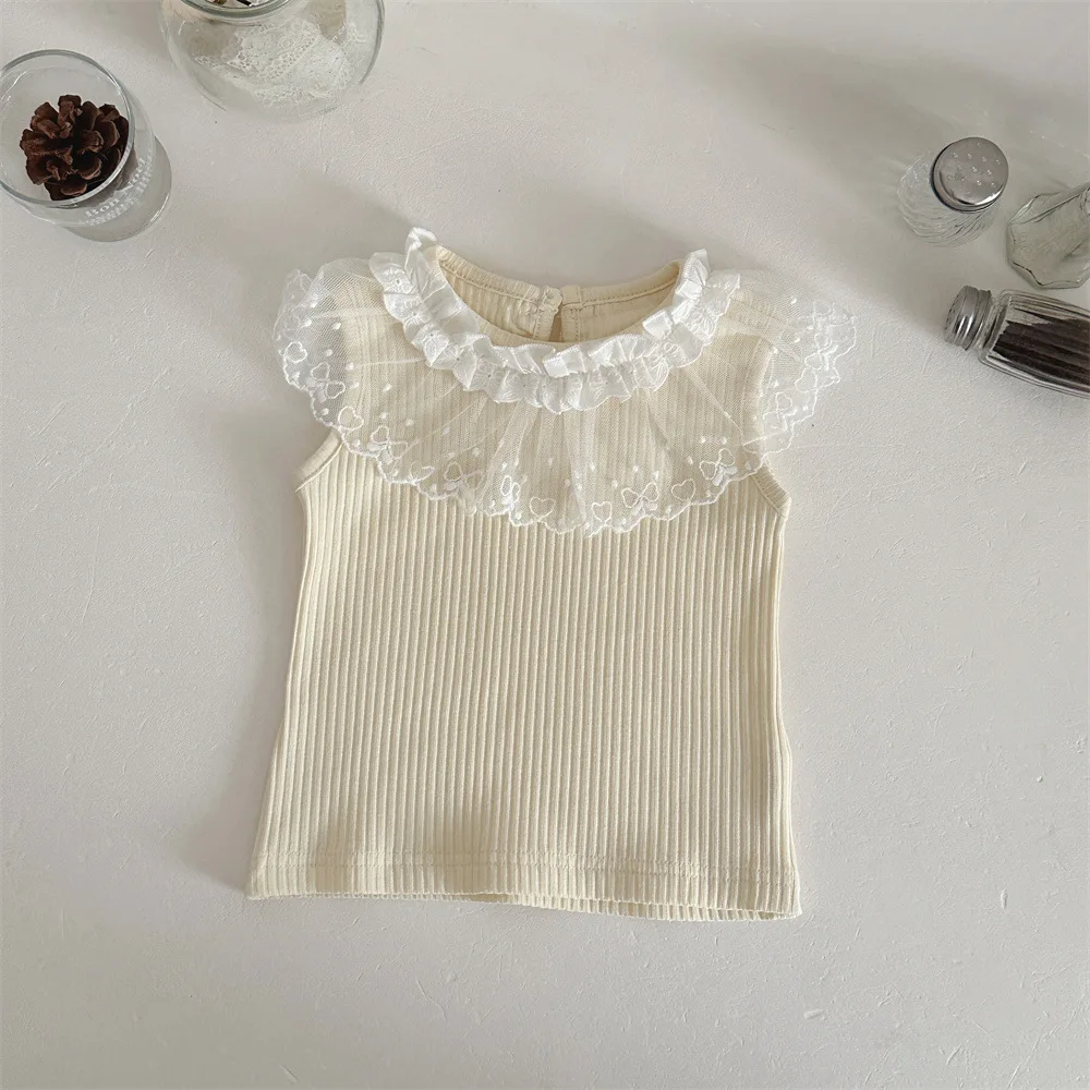 Camiseta blusa verano bebé con rayas, cuello encaje y sin mangas - imagen 2