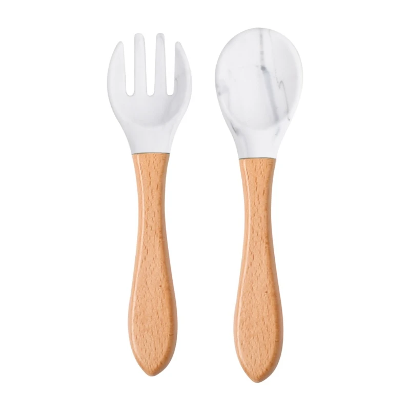 Cubiertos para bebé: cuchara y tenedor de madera con silicona sin BPA - imagen 4