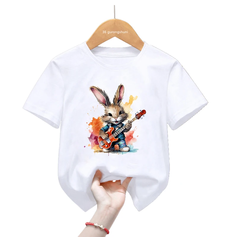 Camiseta rock para niños con estampado Bunny Love Guitar - Harajuku
