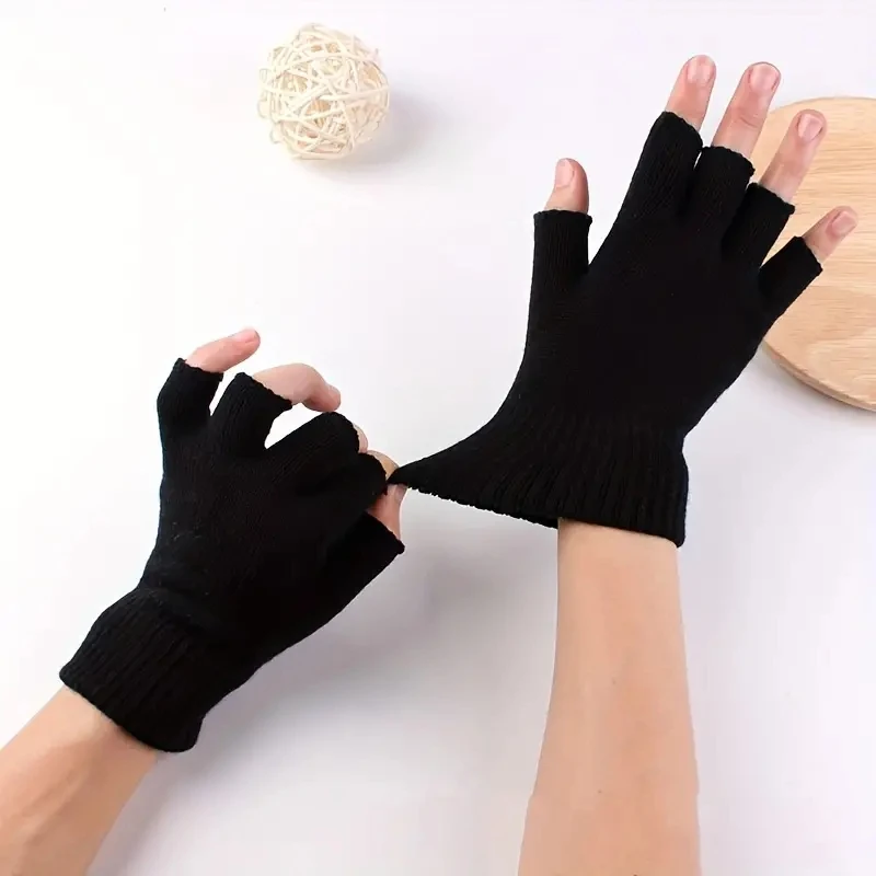 Guantes medio dedo elásticos de punto unisex para invierno - imagen 4