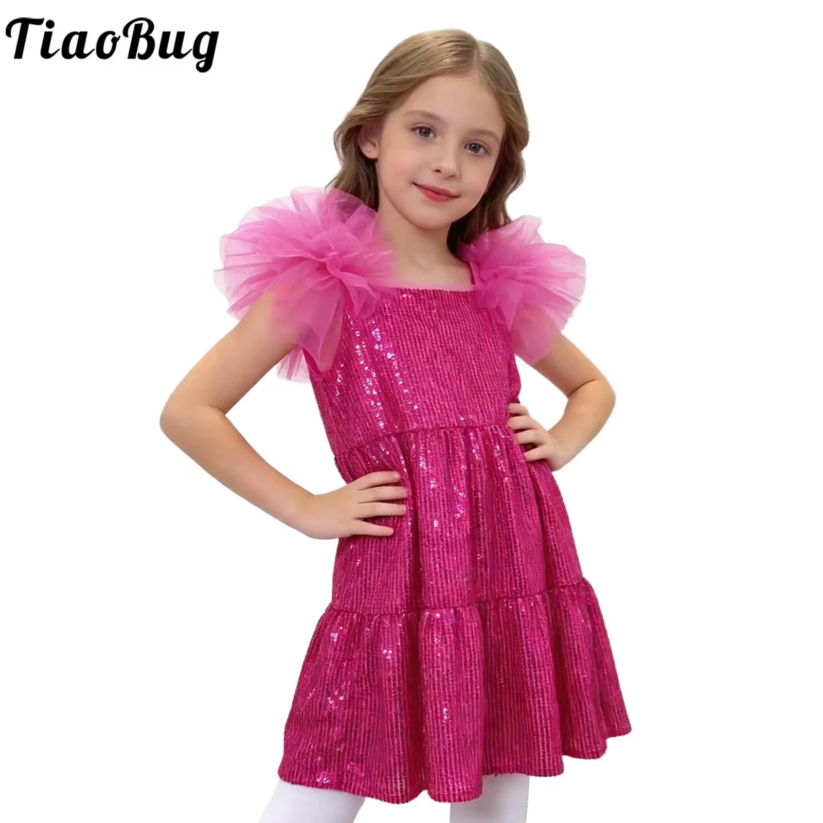 Vestido de fiesta con lentejuelas brillantes y mangas de volantes - imagen 4