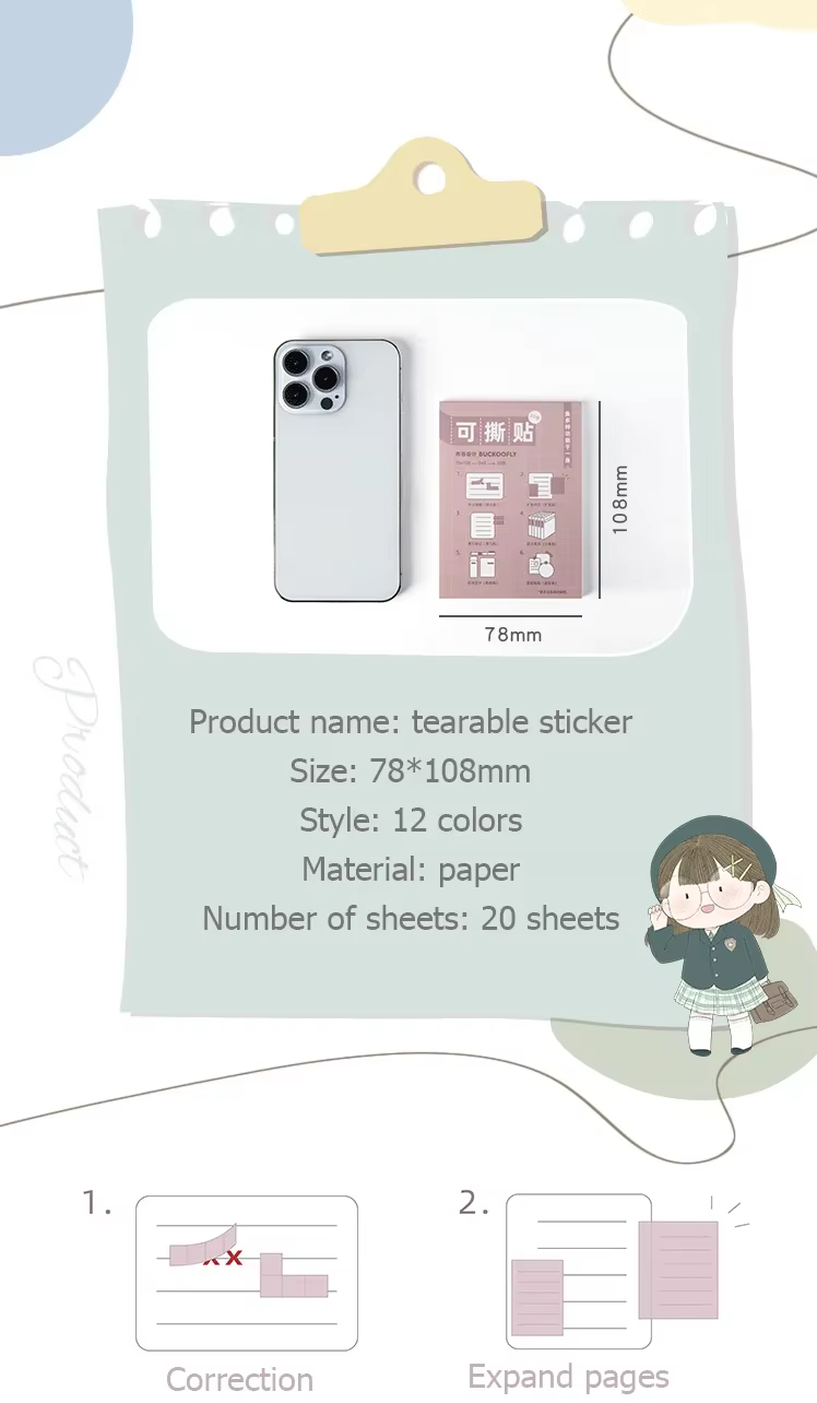 Pack de notas adhesivas en 12 colores Kawaii