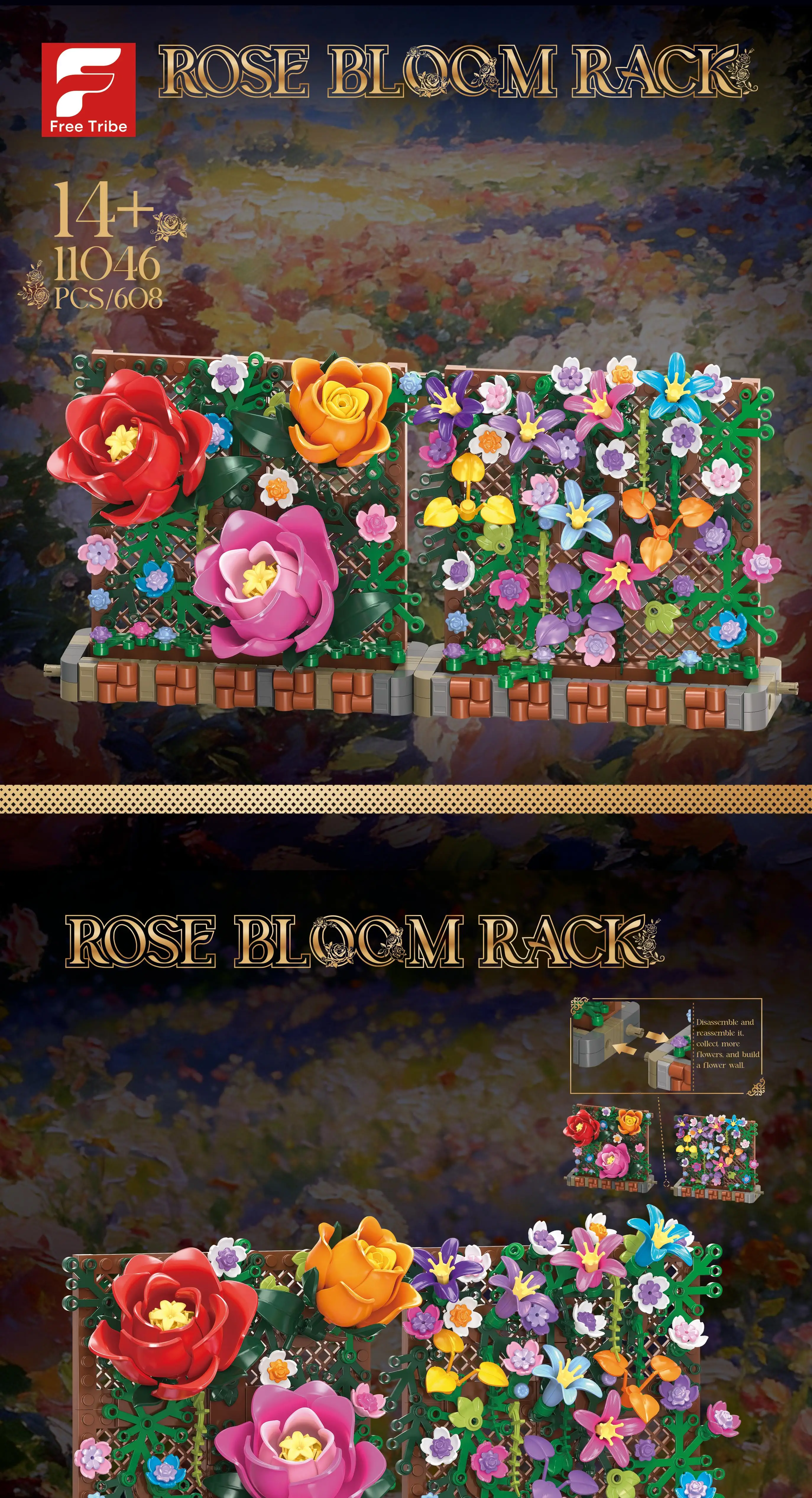 Estantería floral modular con ladrillos en forma de rosas