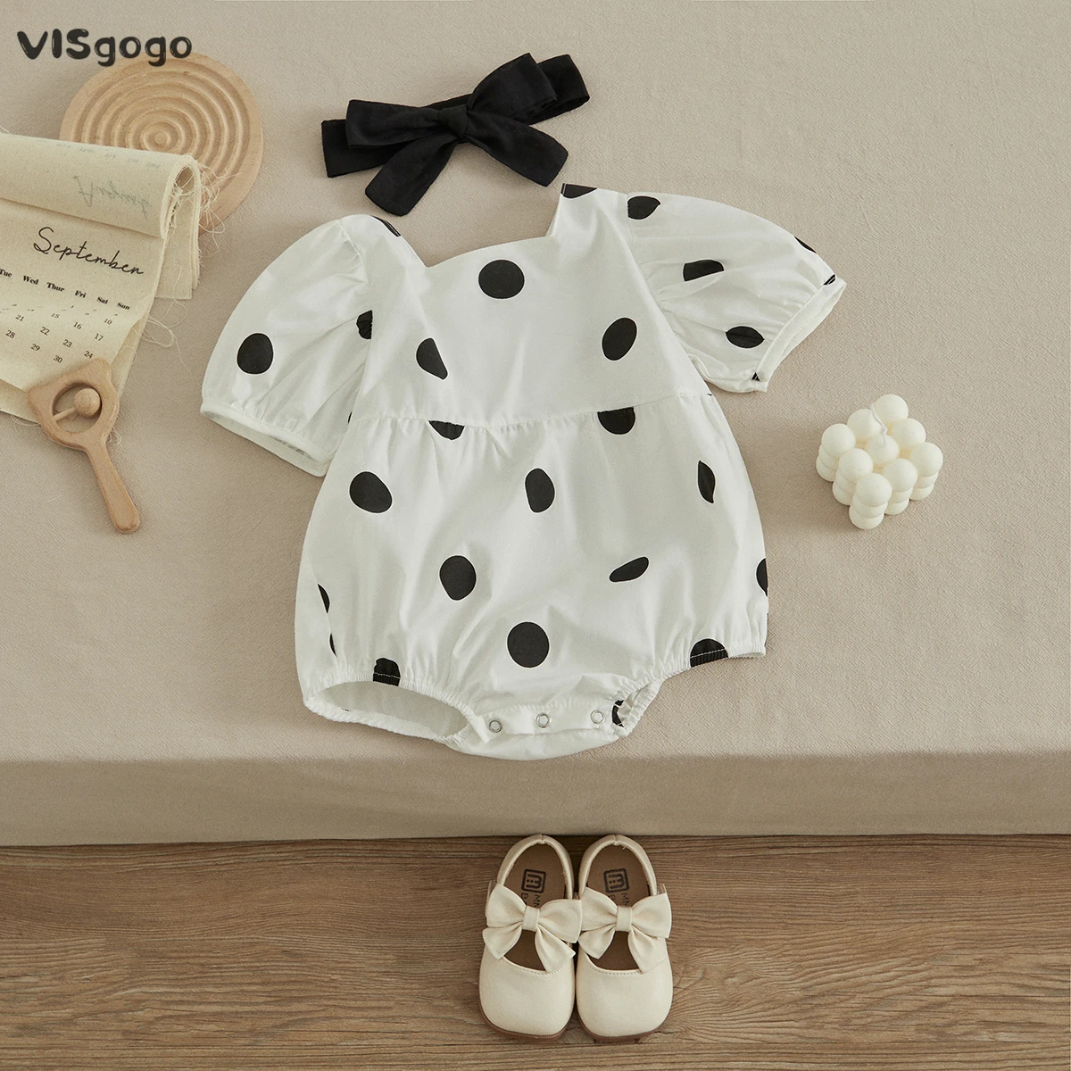VISgogo Pelele de lunares para bebé – Verano con lazo y diadema