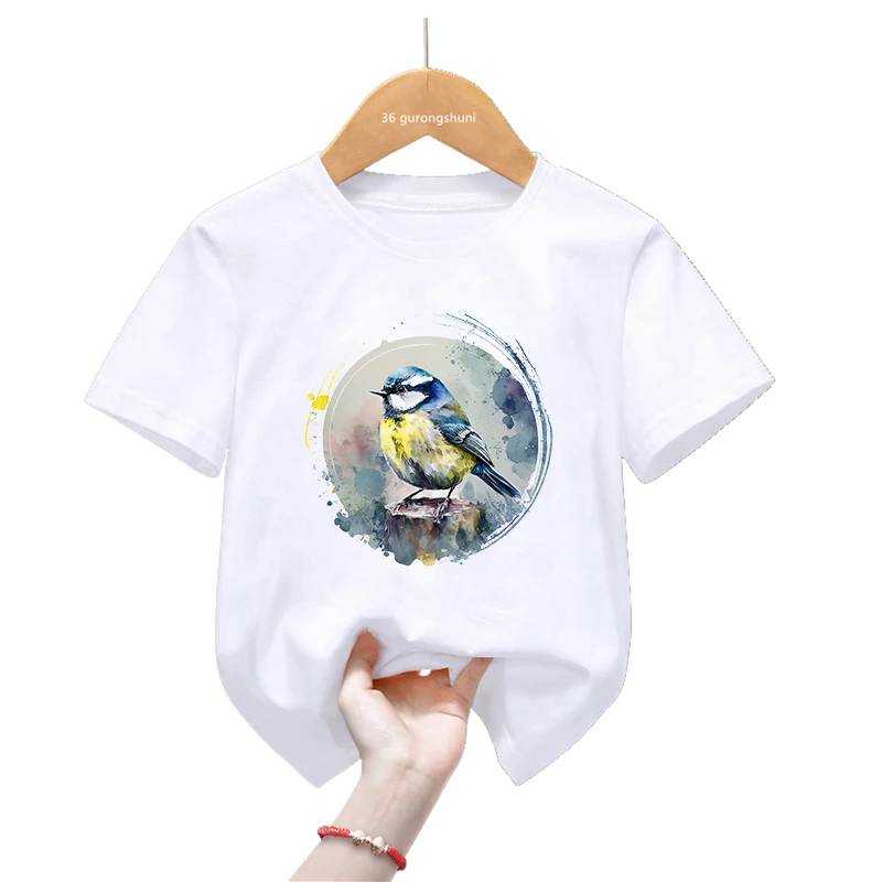 Camiseta con aves acuarela para niñas - Harajuku kawaii verano
