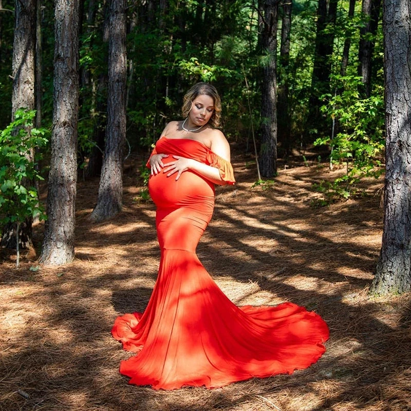 Vestido de maternidad cruzado de algodón sin hombros para fotos - imagen 4