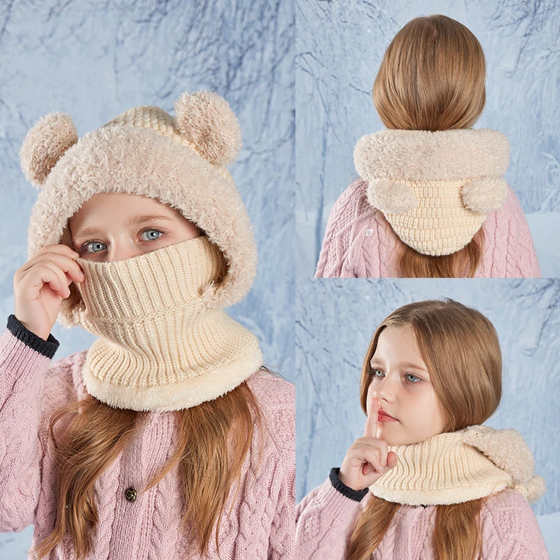 Gorro y bufanda de invierno con máscara de oso – Terciopelo para niño