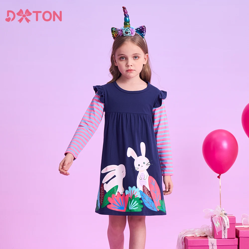 DXTON vestido de rayas algodón manga larga conejo estampado invierno - imagen 2