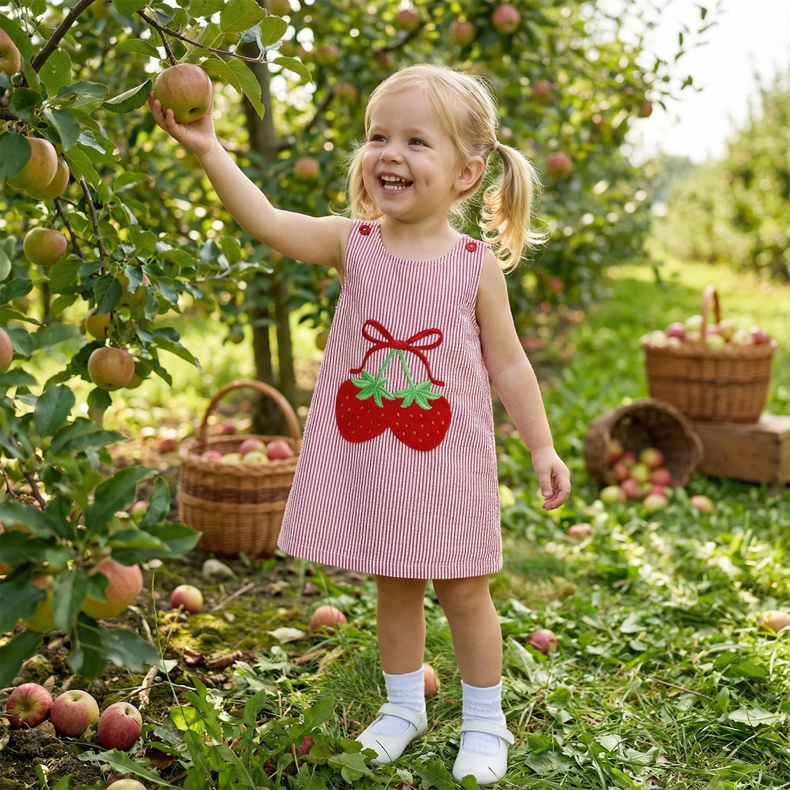 Vestido de verano niña sin mangas con rayas y bordado frutal - imagen 5