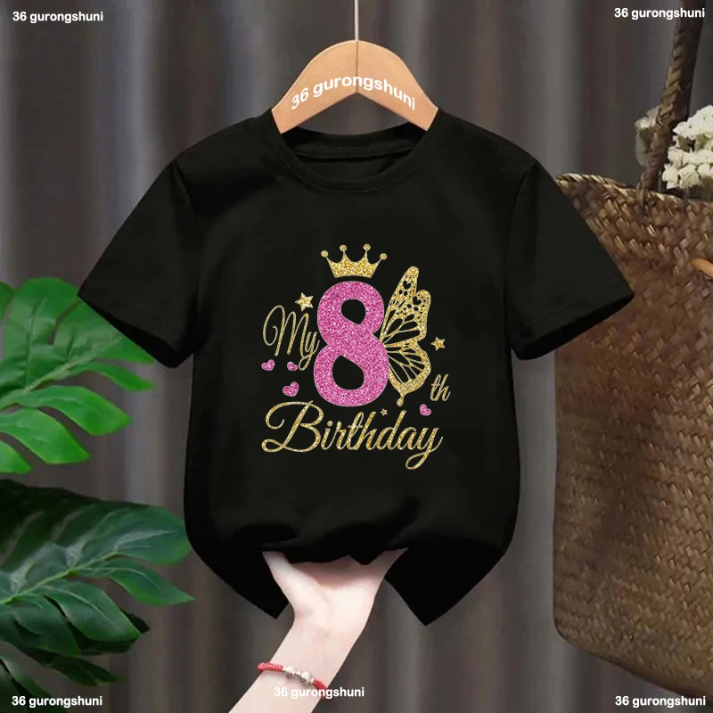 Camiseta de mariposas doradas para niña, negra, manga corta - imagen 5