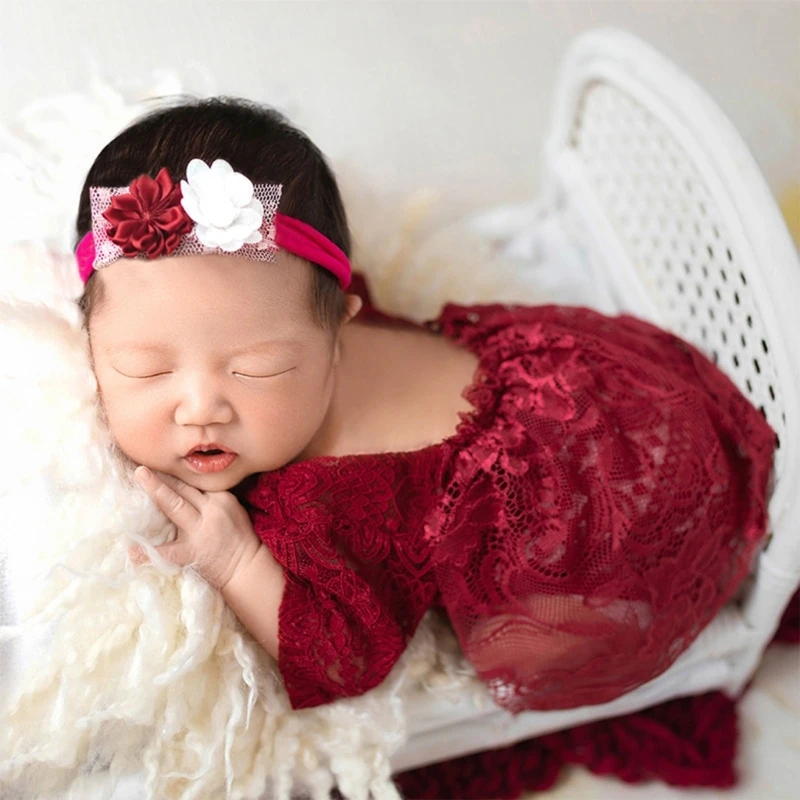 Vestido princesa encaje y diadema flores fotos recién nacido - imagen 5