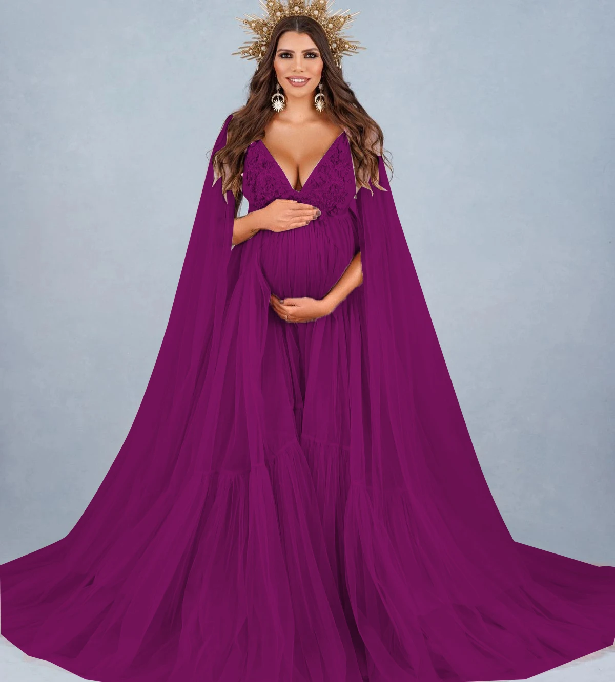 Vestido de maternidad en encaje con perlas y capa para fotos - imagen 5