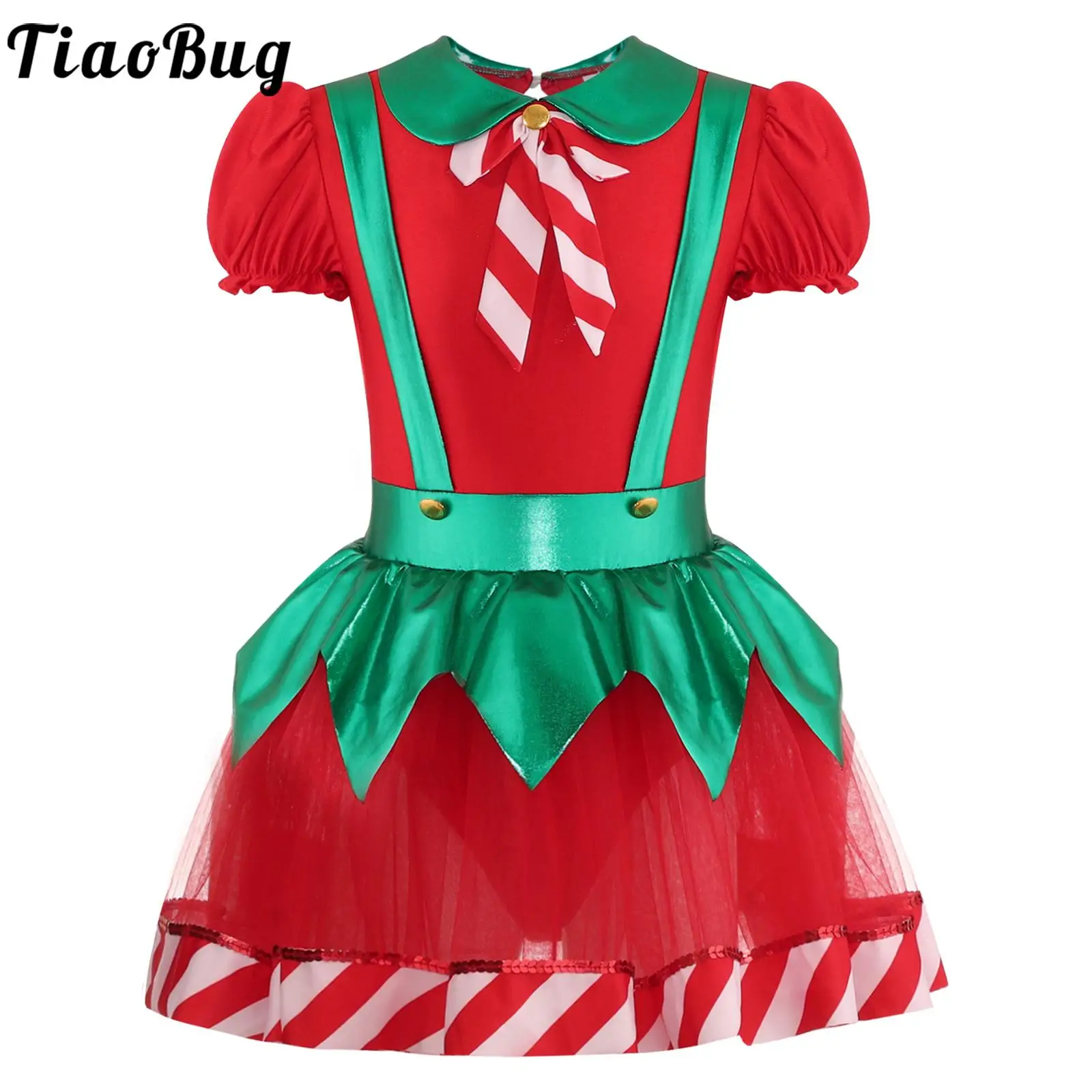 Disfraz de elfo navideño para niñas con tutú a rayas y lazo - imagen 2