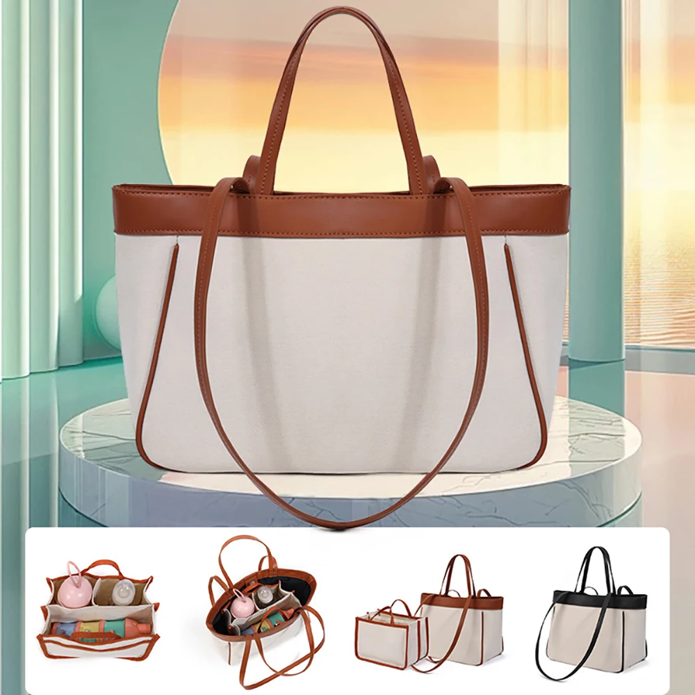 Bolsa de pañales estilo bolso marrón y blanco de gran capacidad - imagen 4