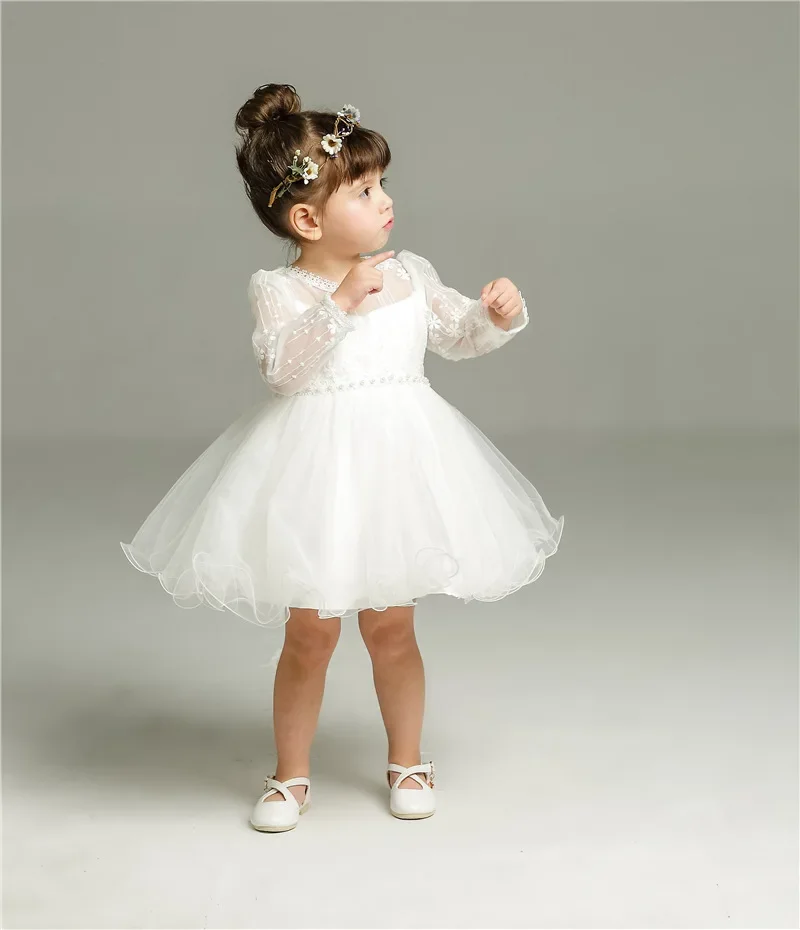Vestido de bebé niña manga larga blanco para bautizo y fiesta - imagen 3