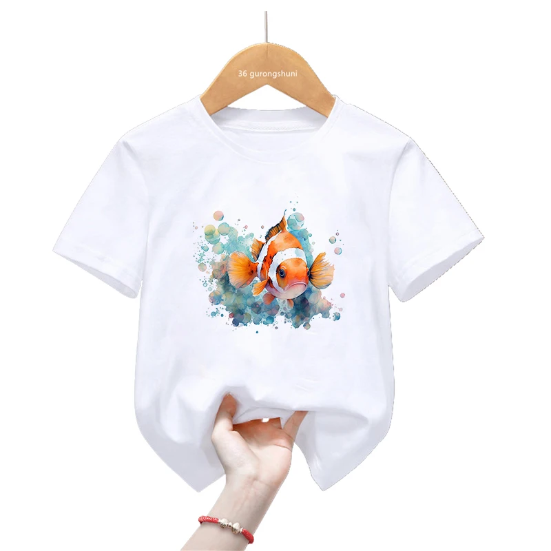 Camiseta infantil de pez payaso estilo acuarela manga corta Harajuku Kawaii