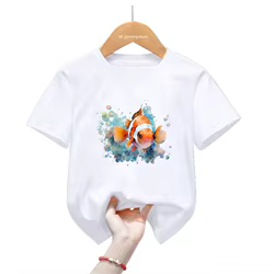 Camiseta infantil de pez payaso estilo acuarela manga corta Harajuku Kawaii